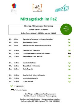 Die aktuelle Speisekarte für den Mittagstisch des laufenden Monats