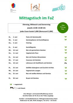 Die aktuelle Speisekarte für den Mittagstisch des laufenden Monats