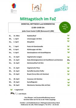 Die aktuelle Speisekarte für den Mittagstisch des laufenden Monats