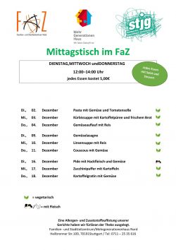 Die aktuelle Speisekarte für den Mittagstisch des laufenden Monats