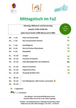 Die aktuelle Speisekarte für den Mittagstisch des laufenden Monats